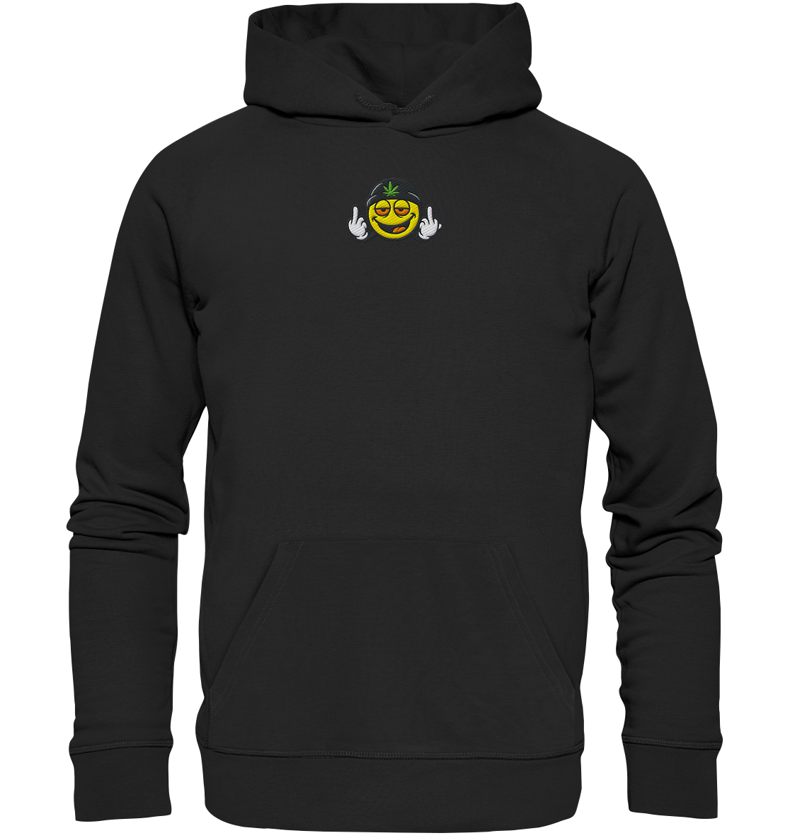 Smiley mit Mittelfinger – Lächeln. Ziehen. Grenzen setzen. - Organic Hoodie (Stick)