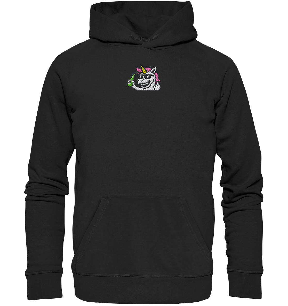 Einhorn mit Mittelfinger – Im Partymodus scheißt’s auf Glitzerregeln - Organic Hoodie (Stick)