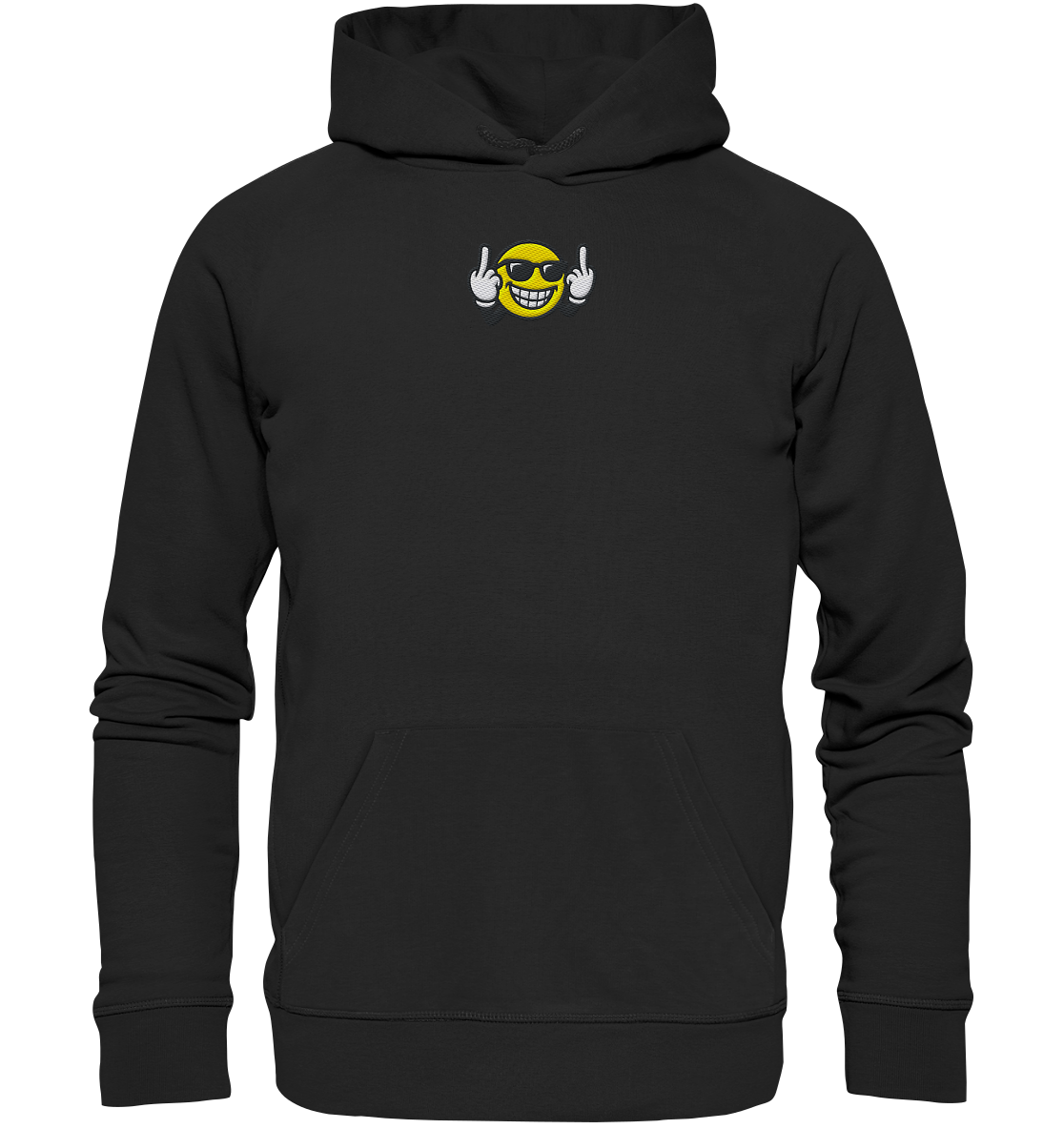 Smiley mit Mittelfinger – Nett lächeln. Weitergehen. - Organic Hoodie (Stick)