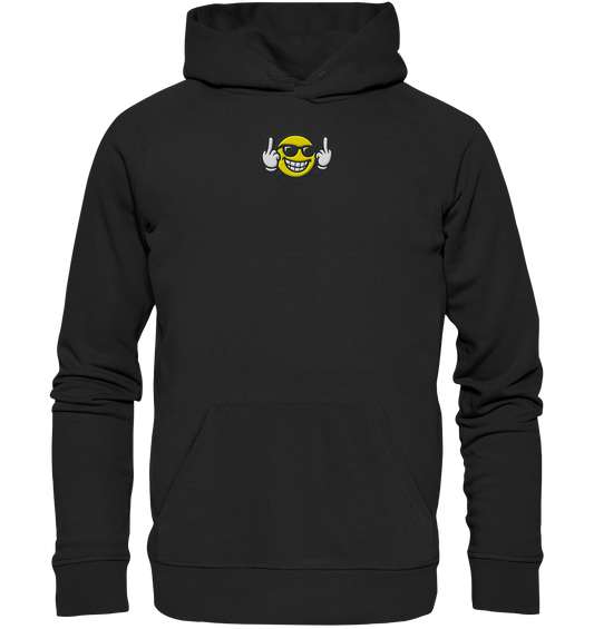 Smiley mit Mittelfinger – Nett lächeln. Weitergehen. - Organic Hoodie (Stick)