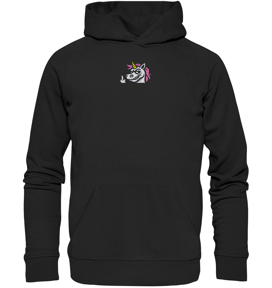 Einhorn mit Mittelfinger – Zu süß zum Ertragen, zu frech zum Ignorieren - Organic Hoodie (Stick)