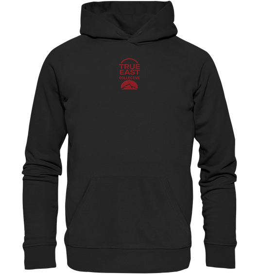 True East Logo + Bergsilhouette – Zuhause ist ein Horizont - Organic Hoodie (Stick)