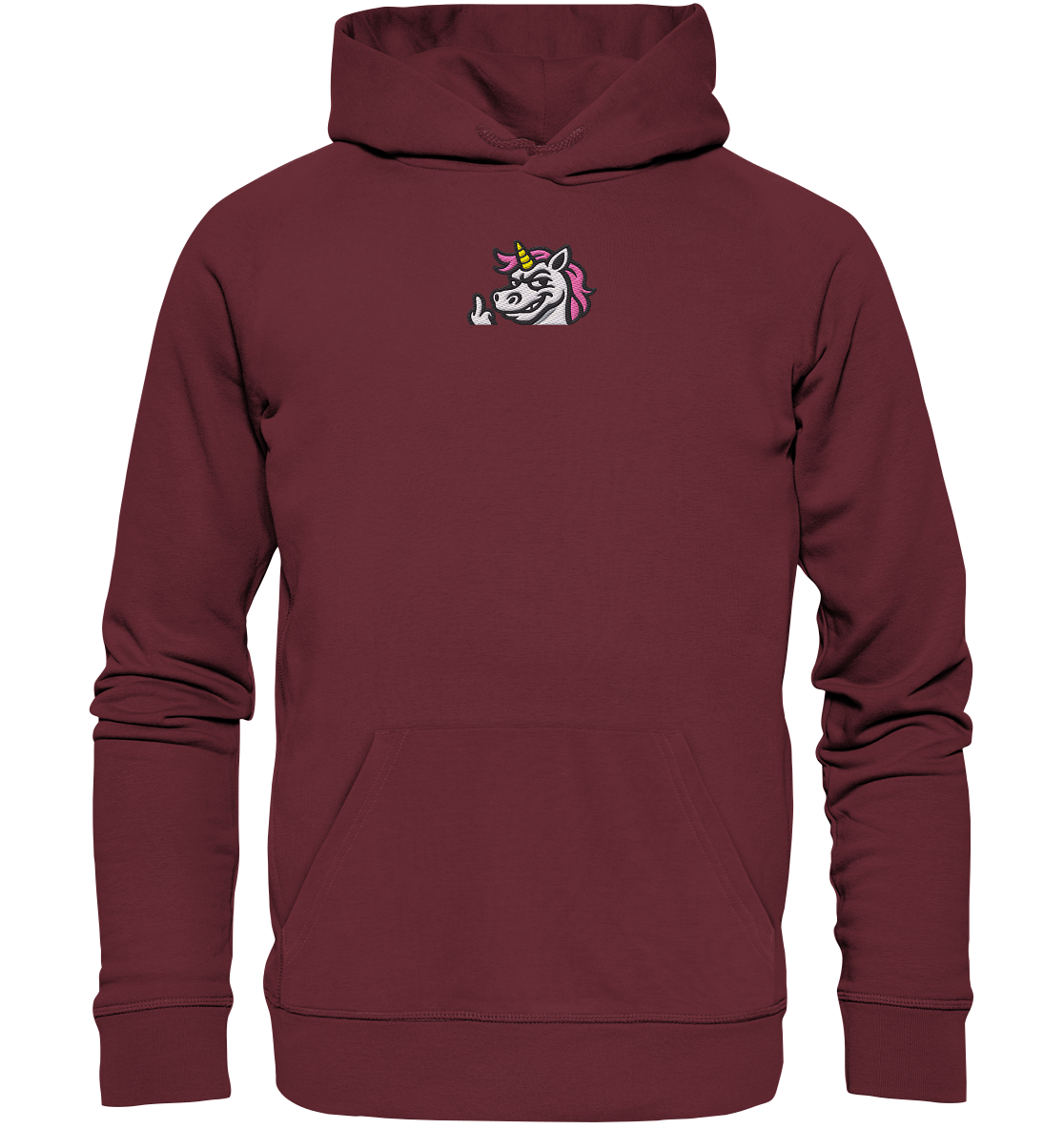 Einhorn mit Mittelfinger – Zu süß zum Ertragen, zu frech zum Ignorieren - Organic Hoodie (Stick)