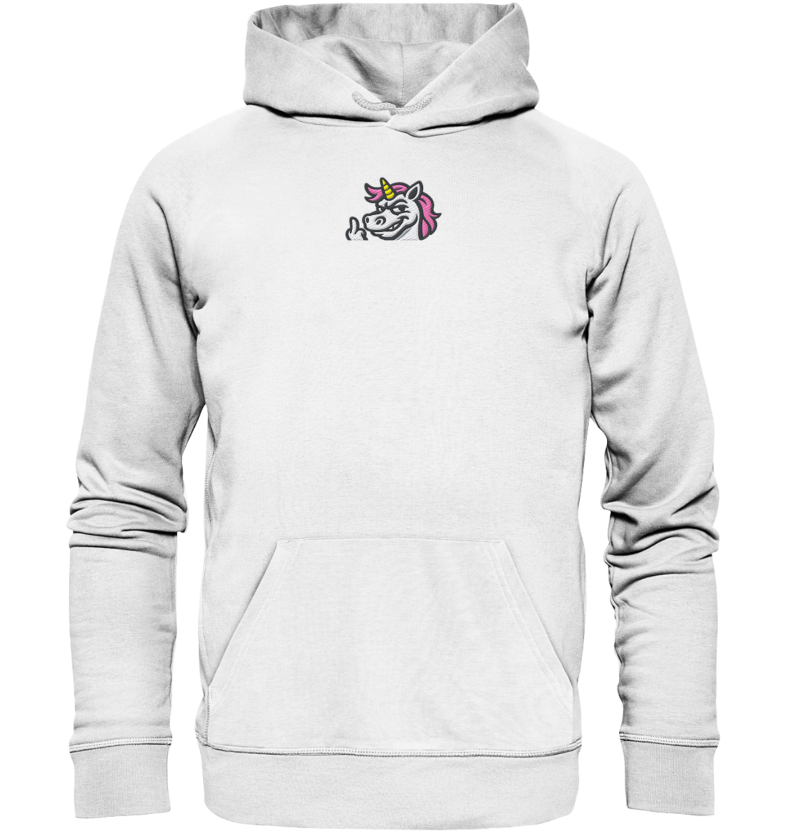 Einhorn mit Mittelfinger – Zu süß zum Ertragen, zu frech zum Ignorieren - Organic Hoodie (Stick)