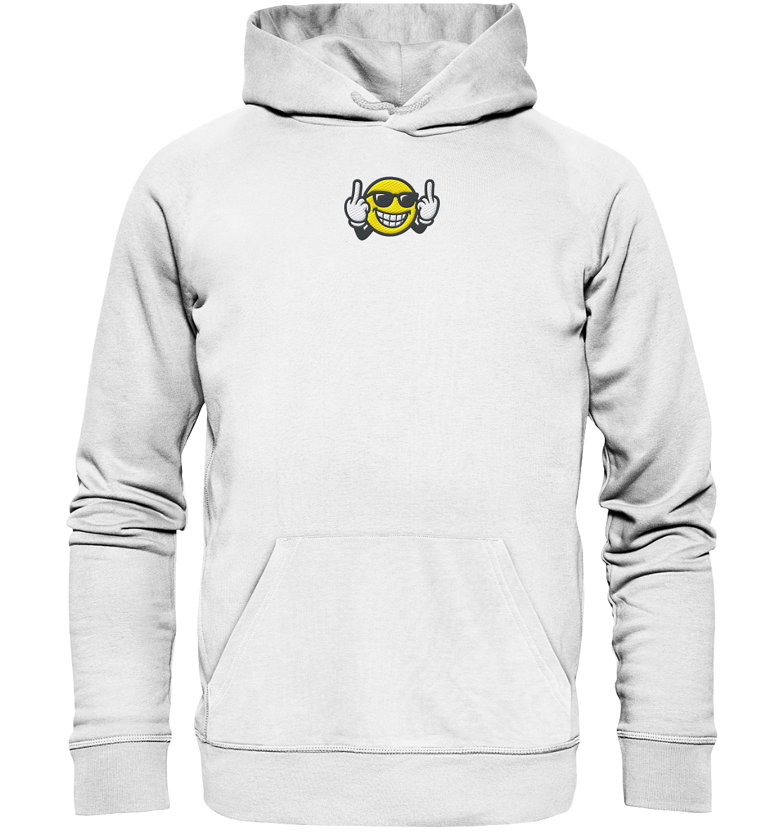 Smiley mit Mittelfinger – Nett lächeln. Weitergehen. - Organic Hoodie (Stick)