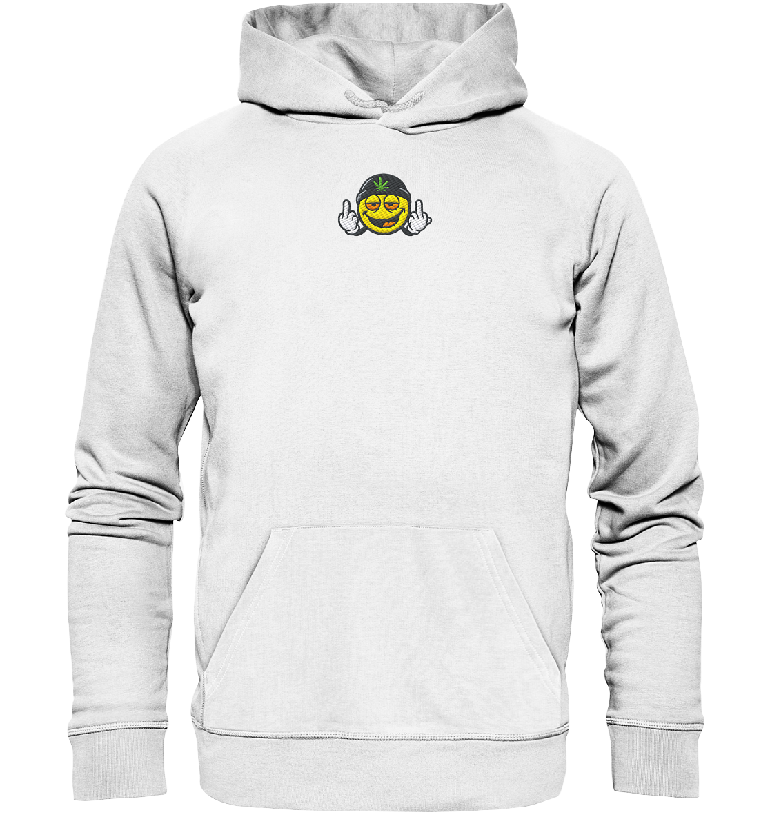 Smiley mit Mittelfinger – Lächeln. Ziehen. Grenzen setzen. - Organic Hoodie (Stick)