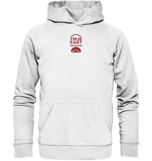 True East Logo + Bergsilhouette – Zuhause ist ein Horizont - Organic Hoodie (Stick)