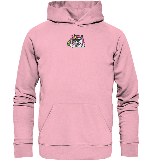 Einhorn mit Mittelfinger – Im Partymodus scheißt’s auf Glitzerregeln - Organic Hoodie (Stick)