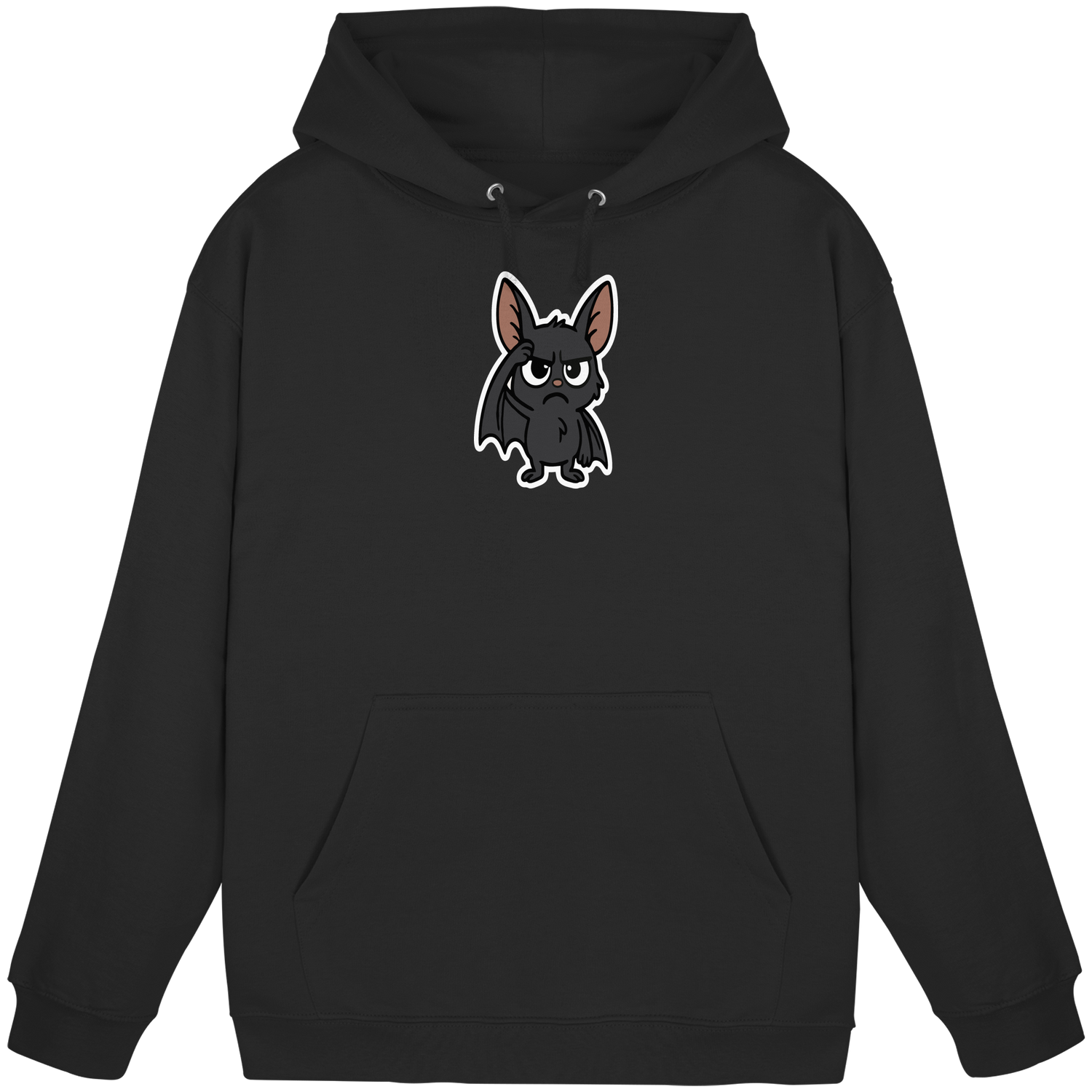 Bild enthält einen Hoodie mit einer genervten Fledermaus. Skeptische Fledermaus, Fledermaus Hoodie, niedliche Fledermaus, cute Bat, Fledermaus Klamotten, Gothic Motive
