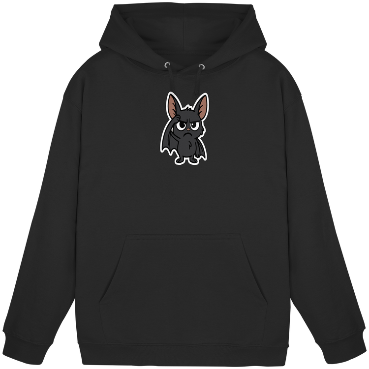 Bild enthält einen Hoodie mit einer genervten Fledermaus. Skeptische Fledermaus, Fledermaus Hoodie, niedliche Fledermaus, cute Bat, Fledermaus Klamotten, Gothic Motive