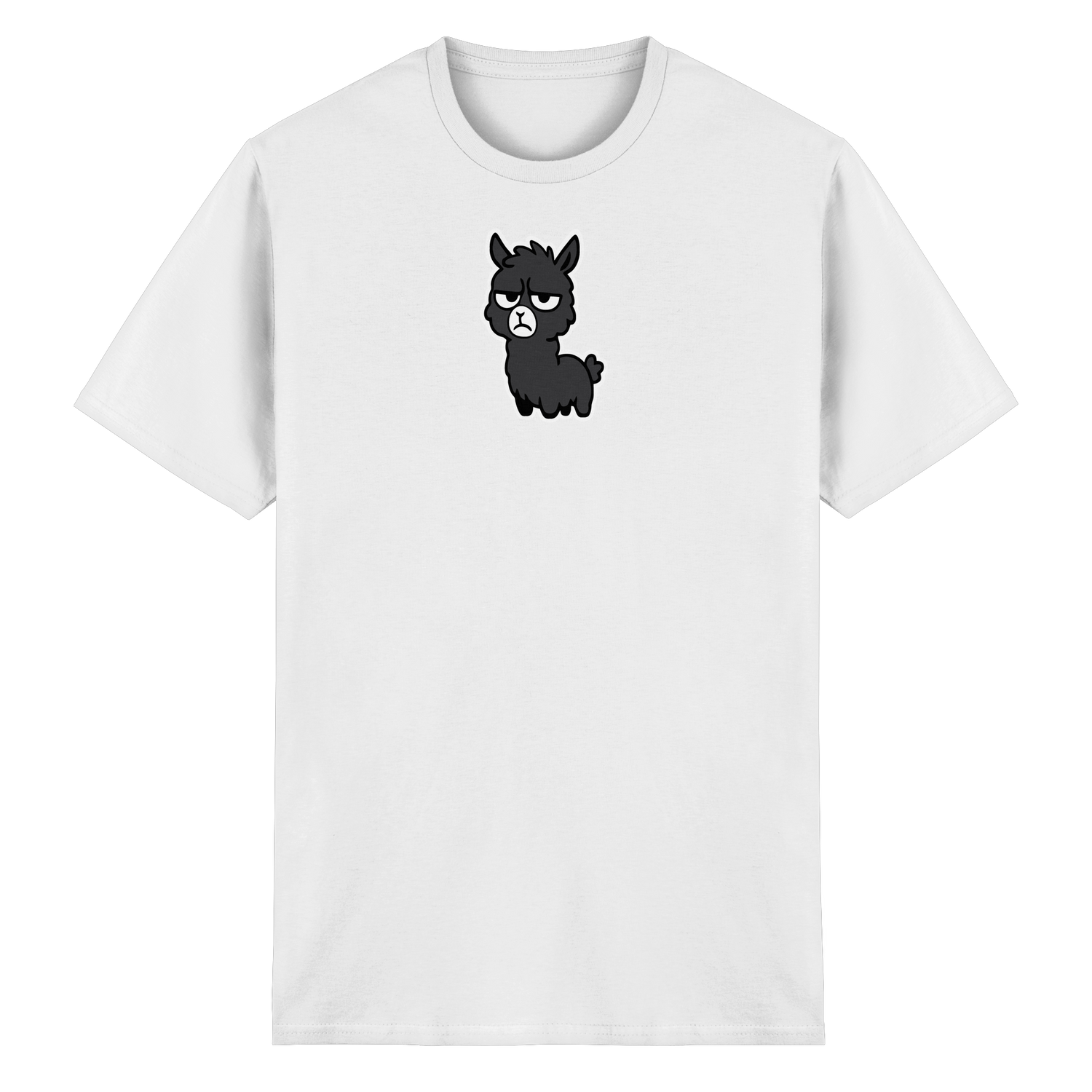 Bild enthält ein genervtes Alpaka auf einem T Shirt. Süßes Alpaka, niedliches Lama, skeptisches Lama, skeptisches Alpaka, cute Alpaka Shirt