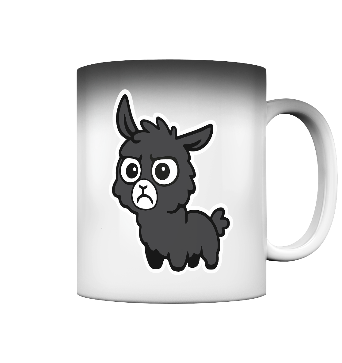 Bild enthält ein skeptisches Alpaka auf einer Tasse. Alpakaliebe, Lamamotiv, Lama Streetwear, sarkastische Tiere, genervte Tiere, Alpaka Geschenk