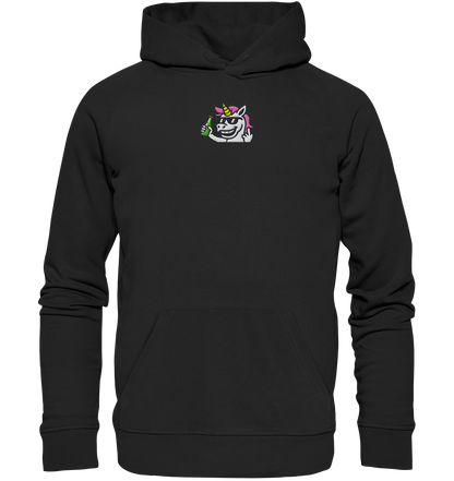 Einhorn mit Mittelfinger – Im Partymodus scheißt’s auf Glitzerregeln - Organic Hoodie (Stick)
