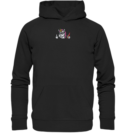 Einhorn mit Mittelfinger – Rave-Rainbow in Rebellion - Organic Hoodie (Stick)