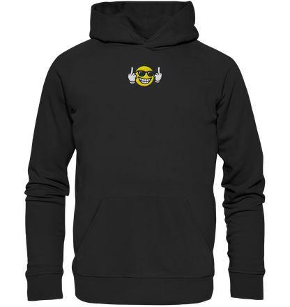 Smiley mit Mittelfinger – Nett lächeln. Weitergehen. - Organic Hoodie (Stick)