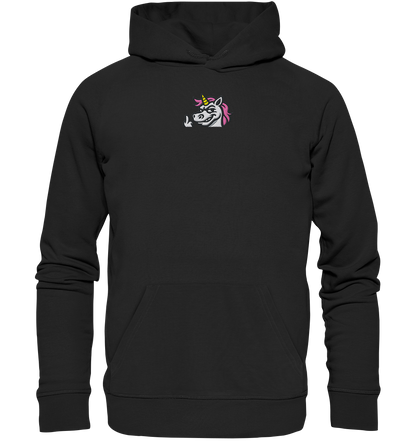 Einhorn mit Mittelfinger – Zu süß zum Ertragen, zu frech zum Ignorieren - Organic Hoodie (Stick)
