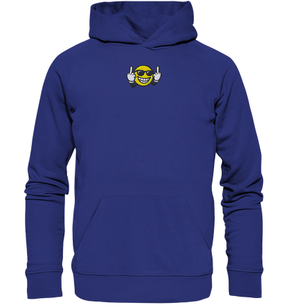 Smiley mit Mittelfinger – Nett lächeln. Weitergehen. - Organic Hoodie (Stick)