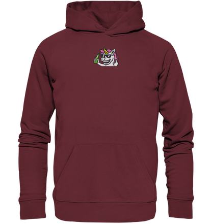 Einhorn mit Mittelfinger – Im Partymodus scheißt’s auf Glitzerregeln - Organic Hoodie (Stick)