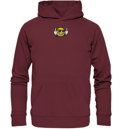 Smiley mit Mittelfinger – Nett lächeln. Weitergehen. - Organic Hoodie (Stick)