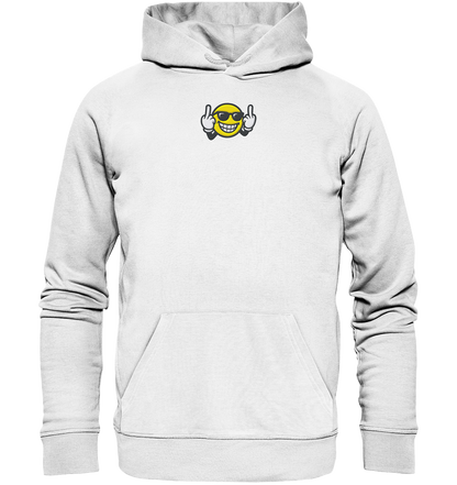 Smiley mit Mittelfinger – Nett lächeln. Weitergehen. - Organic Hoodie (Stick)