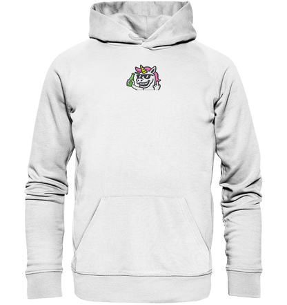 Einhorn mit Mittelfinger – Im Partymodus scheißt’s auf Glitzerregeln - Organic Hoodie (Stick)