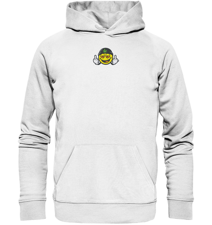 Smiley mit Mittelfinger – Lächeln. Ziehen. Grenzen setzen. - Organic Hoodie (Stick)