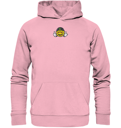 Smiley mit Mittelfinger – Lächeln. Ziehen. Grenzen setzen. - Organic Hoodie (Stick)